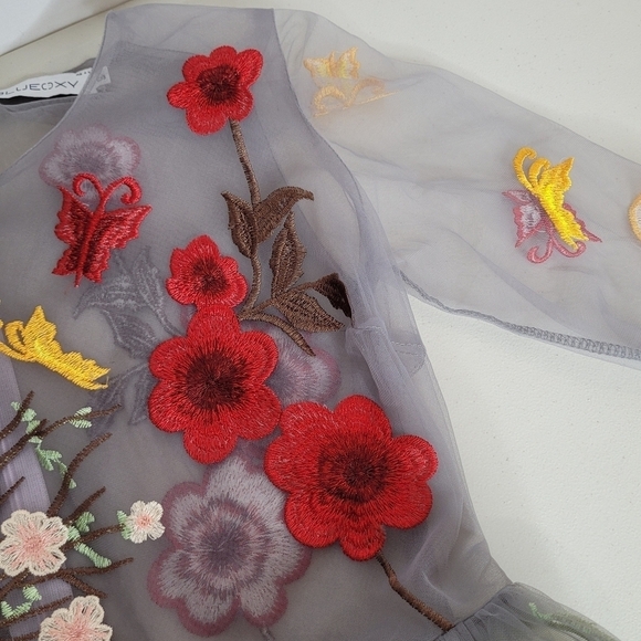 BLUEOXY Floral Embroidered Sheer Gray Mesh Dress Overlay - Size XS/S ** FLAWED - Picture 8 of 16